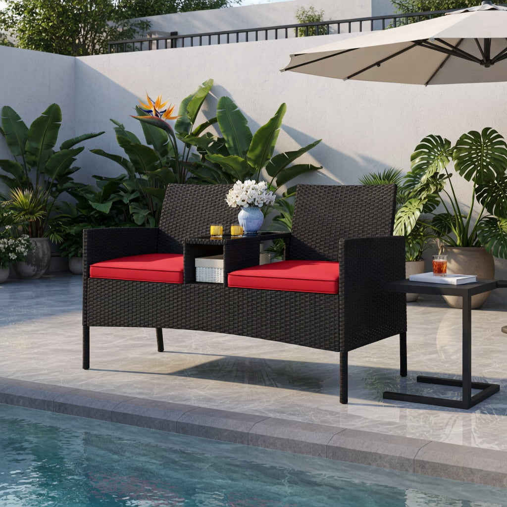 Hommoo Outdoor Wicker Loveseat with Built-in Tempered Glass Tables, Black PE Rattan, Heavy-Duty Metal Frame for Backyard, Porch & Poolside, Red