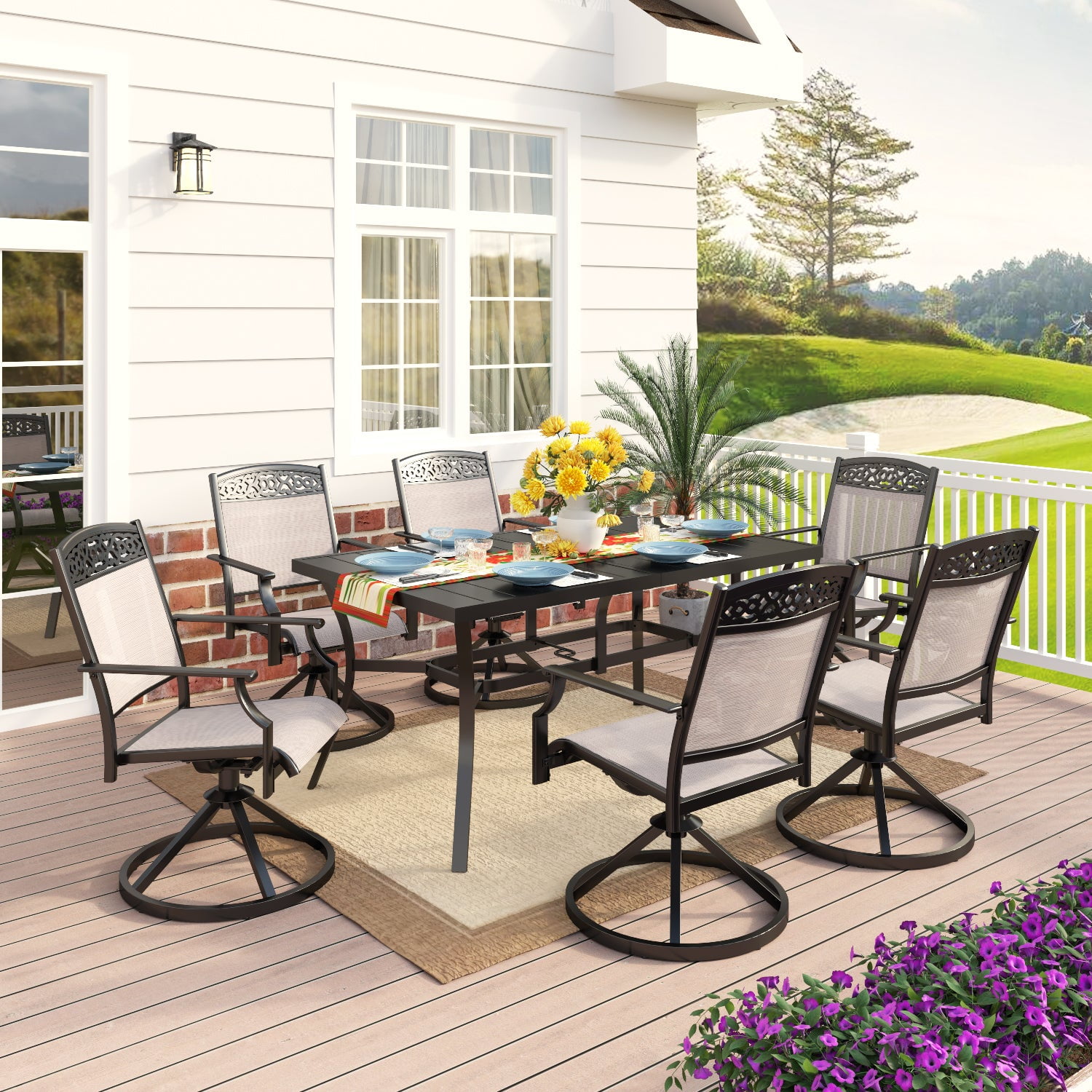 MF Studio Patio Dining Set 7 Pieces, Indoor Outdoor Patio Dining Table Furniture Set Outdoor Swivel Chairs with Textilene Fabric & Large Table