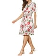 thumbnail image 5 of INSPIRE CHIC Women's Vintage Peter Pan Collar High Waist Flowy Midi Puff Sleeve Floral Dress S Beige Red, 5 of 7