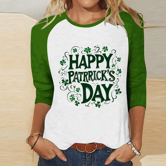 BEFOKA Womens 3/4 Long Sleeve Shirts St Patricks Day Crewneck Sweatshirt Irish Shamrock Printed Pullover Sweatshirts Tops Casual Tees & Blouses Letter Graphic T-Shirts Fall Winter Fashion 2026