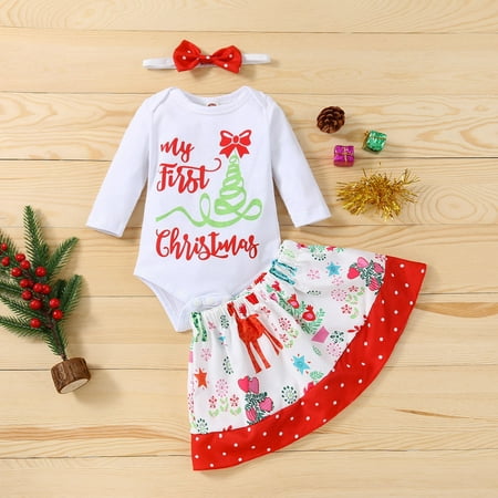 

FZM Christmas Xmas Kids Baby Girls Long Sleeve Cute Cartoon Letter Romper Bodysuit Tops Polka Dot Patchwork Skirt With Headbands Christmas Outfits Set 3PCS