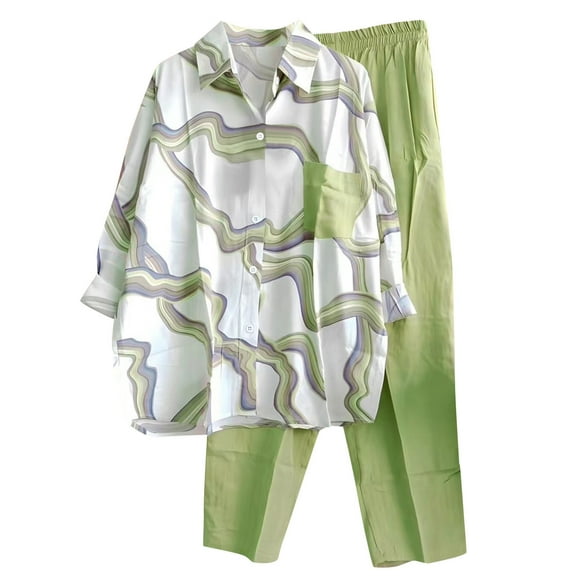 Womens Plus Size Lounge Sets Casual 2 Piece Outfits Long Sleeve Button Down Shirts Wide Leg Pants Matching Set, L