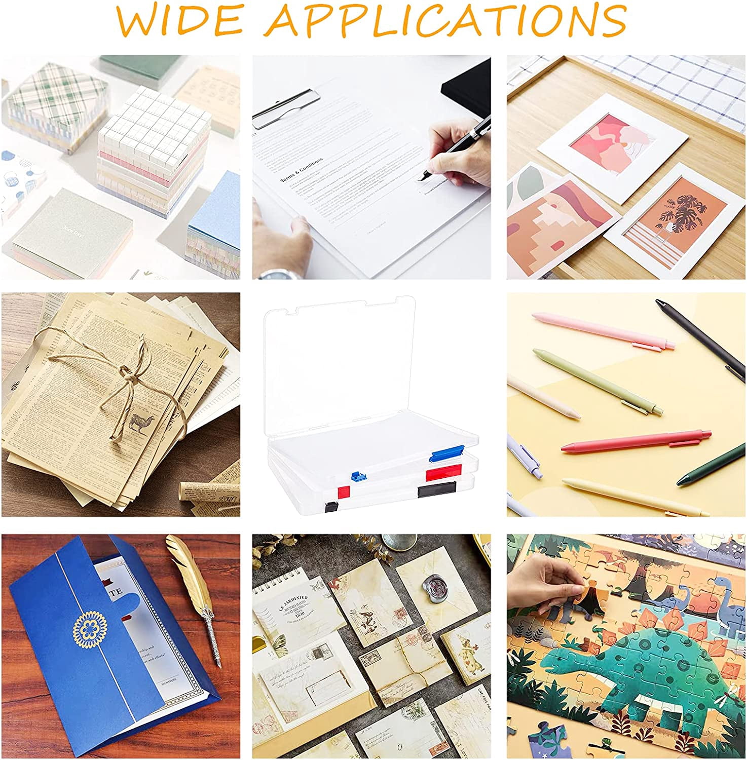 PH 3 Pack A4 File Paper Case File Project Case Plastic Portable Project Case Scrapbook Case for Organizing and Protecting Magazines Stamps Photos CDs Graphics Paint Brush 12x9 inch
