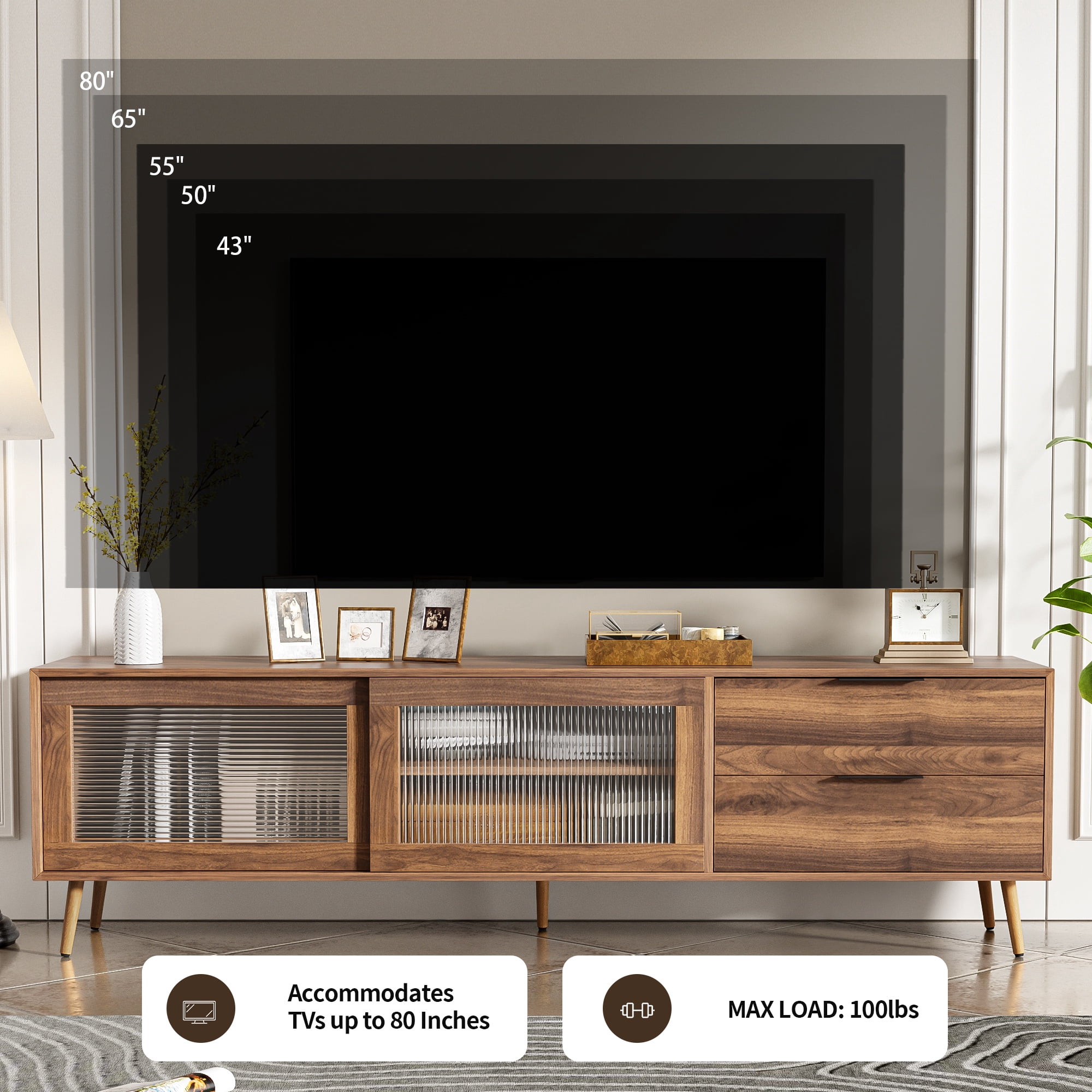 Paproos TV Stand for 75"-80" TV, Modern Entertainment Center with 2 Drawers & Storage Cabinet, 70” Television Stand with 2 Glass Doors, TV Console Table for Living Room, Bedroom, Walnut