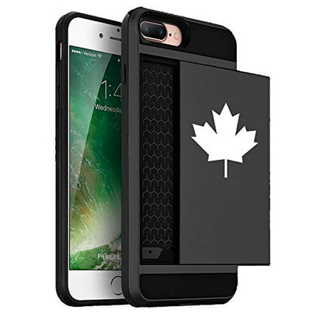 Wallet Credit Card ID Holder Shockproof Hard Case Cover for Apple iPhone Maple Leaf Canada (Black, for Apple iPhone 7 / iPhone