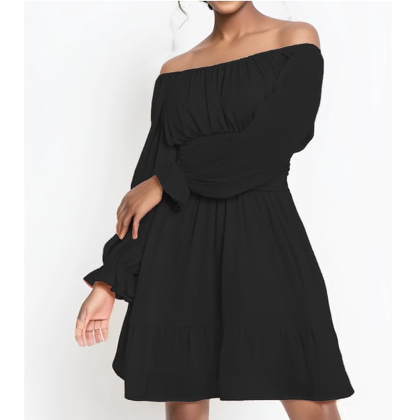 WILLBEST Vestidos De Lino Para Mujer Vestido Mini Con Escote Cuadrado, Espalda Anudada, Cintura Elástica, Manga Larga Y Dobladillo Con Volantes