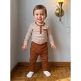 thumbnail image 3 of Cjfdfy Newborn Baby Boys Fall Outfits  Striped Waffle Knit Long Sleeve Striped Romper With Elastic Waist Solid Pants 2Pcs Infant Fall Winter Outfit Coming Home Outfit 0-18M, 3 of 9