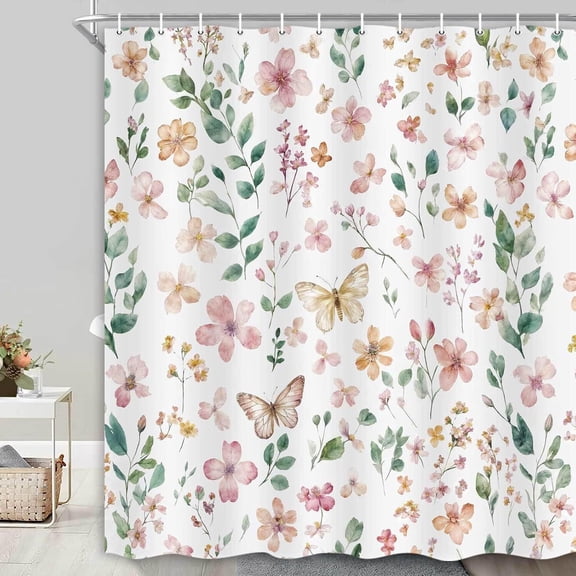 Elyvra Elegant Watercolor Floral Shower Curtain, Peach Pink Flower Sage Green Leaves Botanical Bathroom Decor, Modern Fabric Bath Set with Hooks, 72x72 Inch