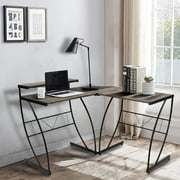 FurnitureR L Shaped Small Computer Desk with Shelf Curved Metal Legs Home Office Writing Desk