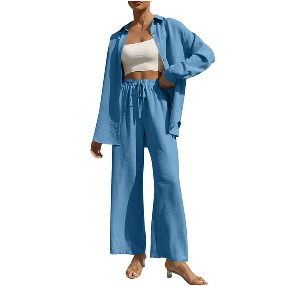 Two Piece Sets for Women Lightweight Casual Long Sleeve Button Down Shirt and Wide Leg Pants Fall Lounge Outfits (XL, Sky Blue)