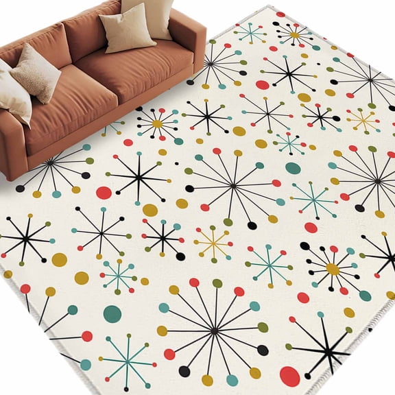 Mid-Century Modern Washable Area Rug 5 x 7 ft Retro Geometric Colorful Star Shape Lines, Soft Non Slip Rugs Stain Repellent Indoor Felt Carpet for Living Dining Room Bedroom Home Office
