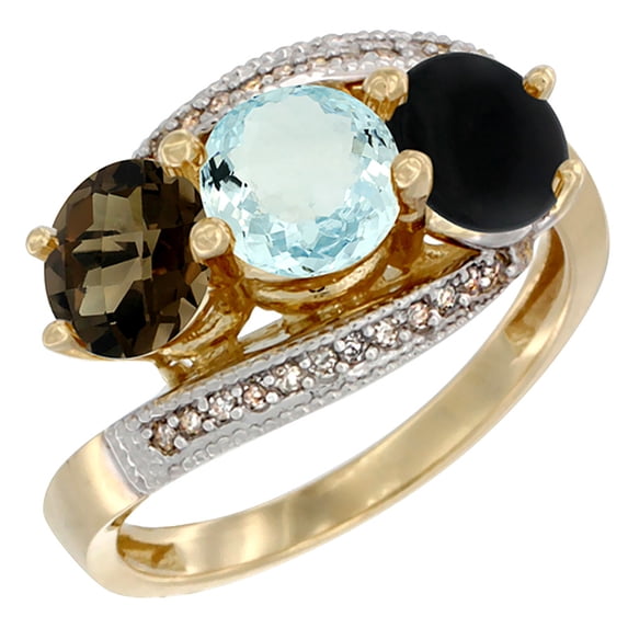 14K Yellow Gold Natural Smoky Topaz, Aquamarine & Black Onyx 3 stone Ring Round 6mm Diamond Accent, size 5