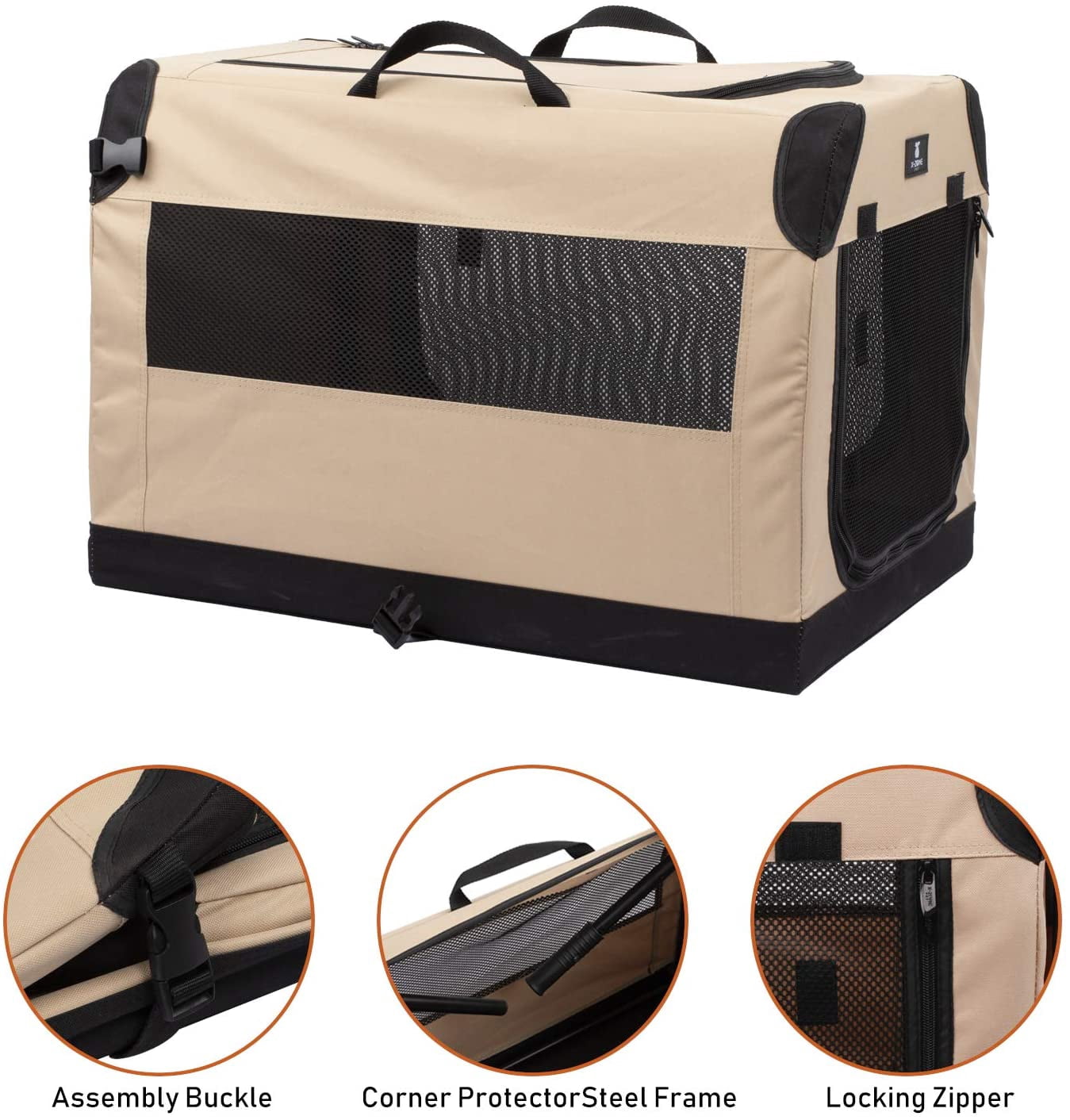 3-Door Portable Soft-Sided Folding Dog Travel Crate, Small Tan Collapsible Pet Kennel with Mesh Windows for Indoor Outdoor Use