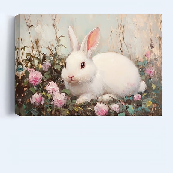Soft White Bunny & Pink Floral Canvas Wall Decor Ready to Hang Kids Room Bedroom