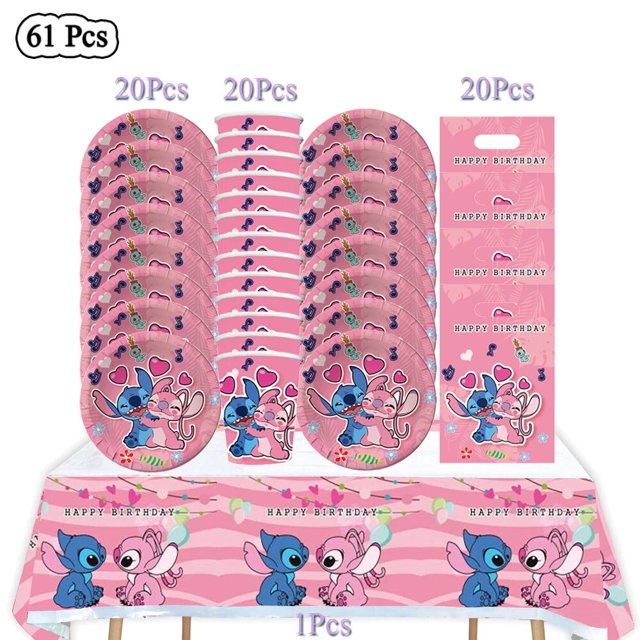Disney-decoración de fiesta de cumpleaños de Lilo & Stitch, juego de vajilla desechable rosa, suministros de fondo de decoración de globos