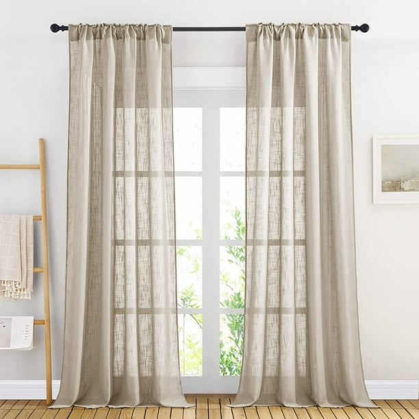 W66 x L95BeigeWhite Linen Sheer Curtains and Drapes 84 inches Long, Rod  Pocket & Back Tab semitransparent with Light Through Vertical Window  Treatments for Sliding Glass Door & Living Room, 52W, Set