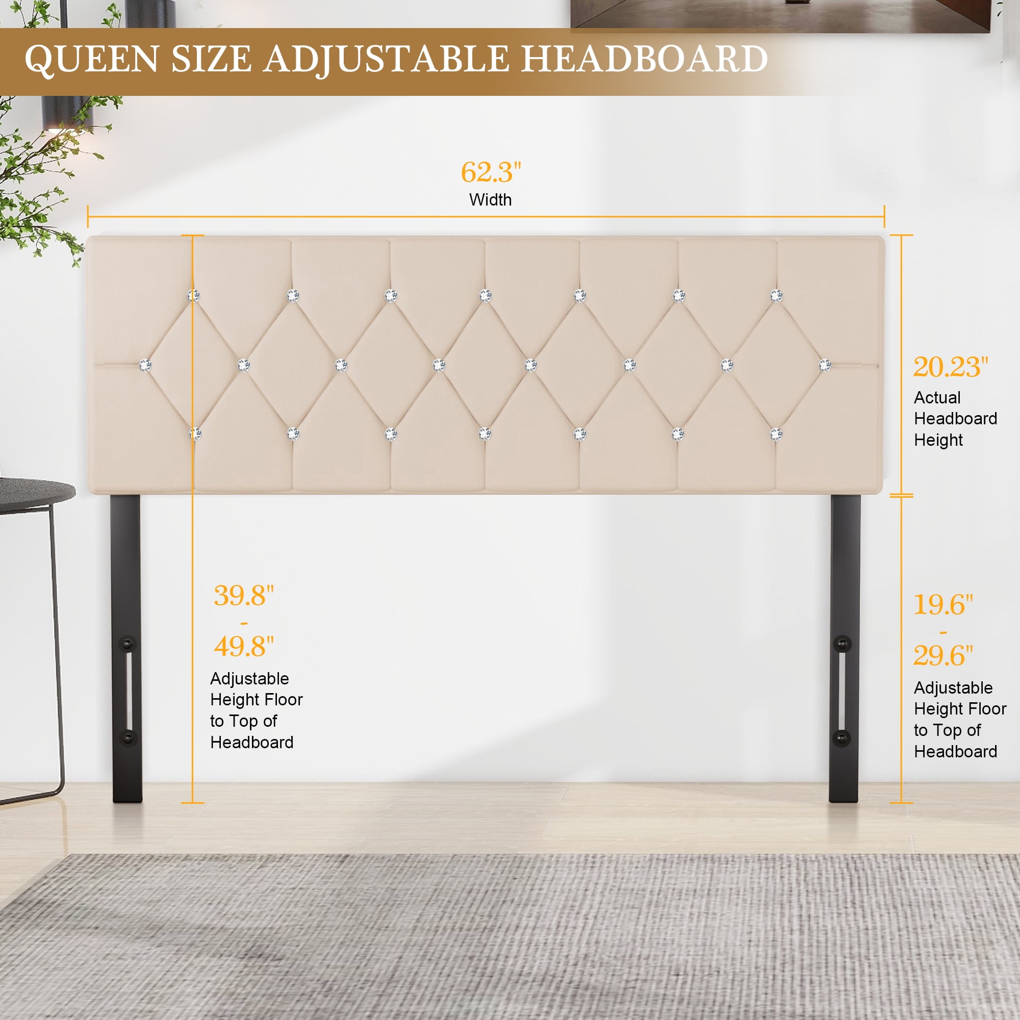 VECELO Queen Upholstered Headboard, Mid-Rise Diamond Tufted Adjustable Headboard from 39.8" to 49.8", Easy Assembly, Beige