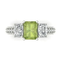 3.61 ct Emerald Cut Natural Peridot 3 Stone 18K White Gold Womens Engagement Ring