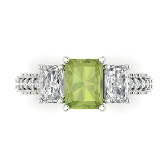 3.61 ct Emerald Cut Natural Peridot Three-Stone Engagement Ring for Women in 14K White Gold