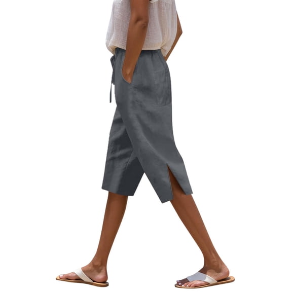 Women's Casual Summer Shorts Elastic Waist Side Slit Drawstring Lightweight Breathable Pants with Pockets for Beach Outfits