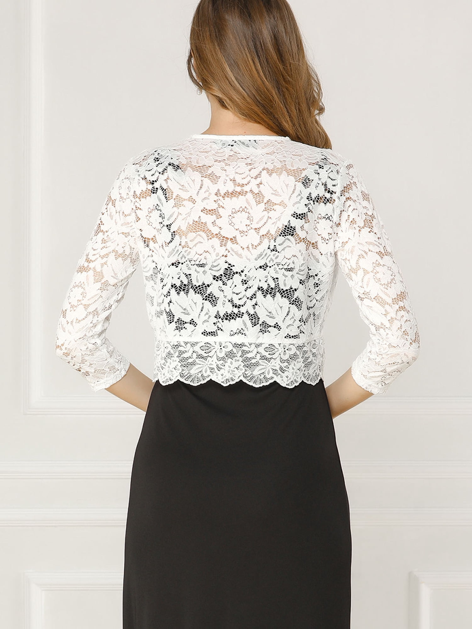 DARING DIVA 3/4 Sleeve Sheer Floral Lace Shrug Top 2XL White