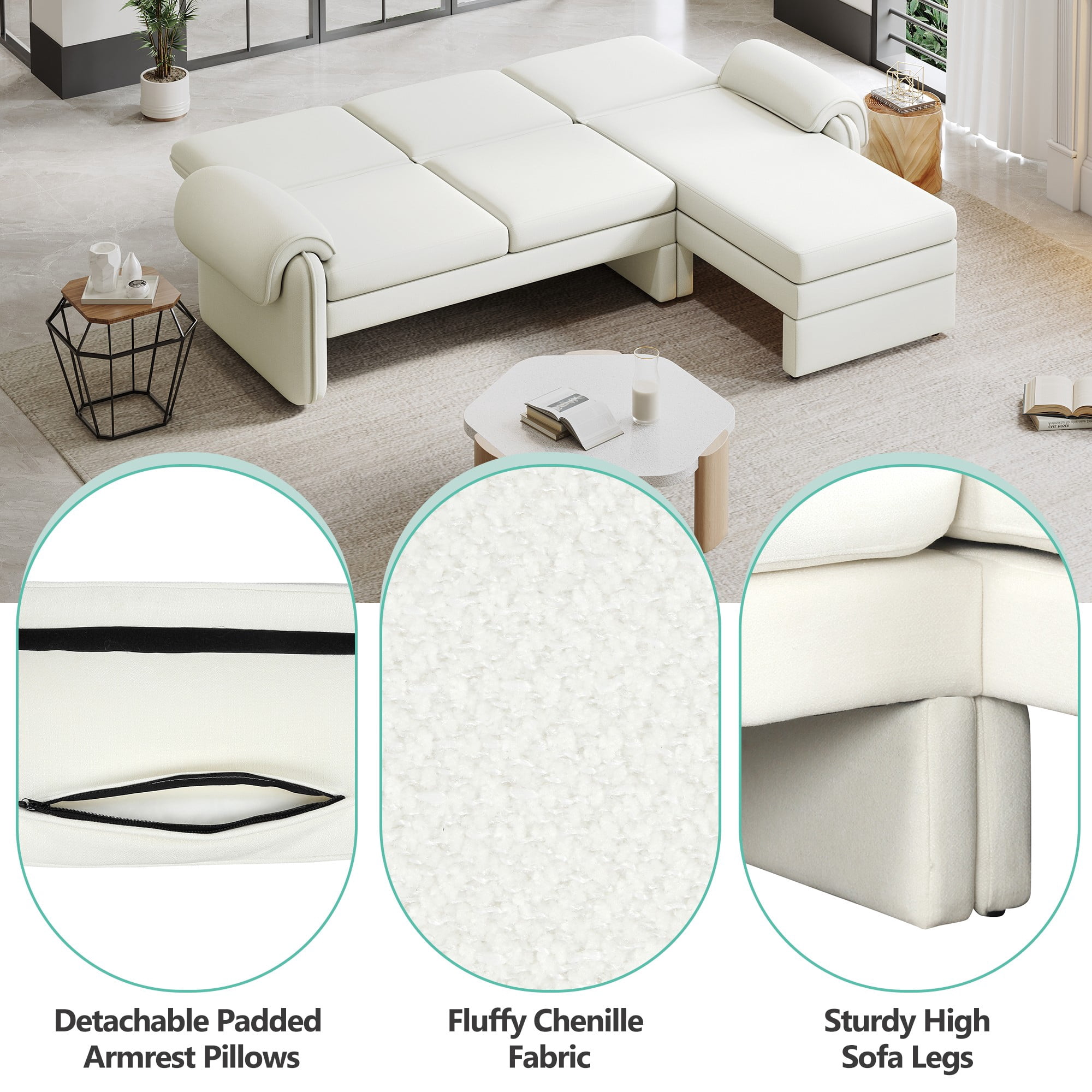 94.1" Convertible Futon Sofa Bed,Futon Sofa Couch with Adjustable Backrest,Reversible Chaise Lounge and Two Removable Armrest Pillows for Living Room,Beige