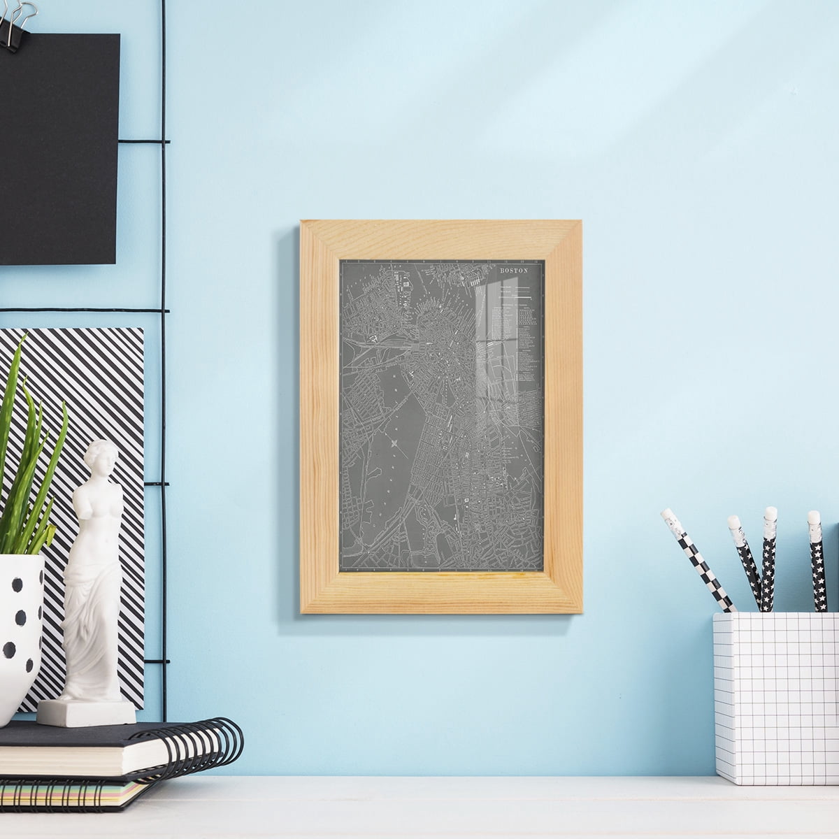 City Map of Boston -Framed Print w/glass-Natural Wood