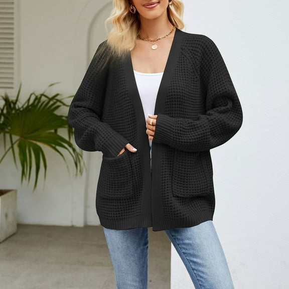 Women's Open Front Knit Cardigan Sweater Long Sleeve Casual Loose Fit Chunky Knitwear with Pockets