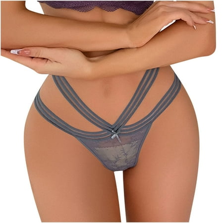 BYOIMUD Women s Thong Panty Lace Sheer See Through Lingerie Criss Cross Low Rise Underwear Cute Clothes Gift for Women Fashion 2023 Gray M