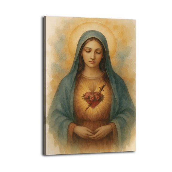 Immaculate Heart of Mary Watercolor Poster Wrapped Wooden Frame Wall Decor,,Canvas Wall Art for Living Room,Bedroom,Office,Ready to Hang