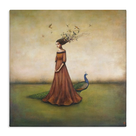 Stupell Industries Traditional Beauty and Birds in Her Hair Woman and Peacock Illustration Canvas Art, 17 x 17, by Duy Huynh
