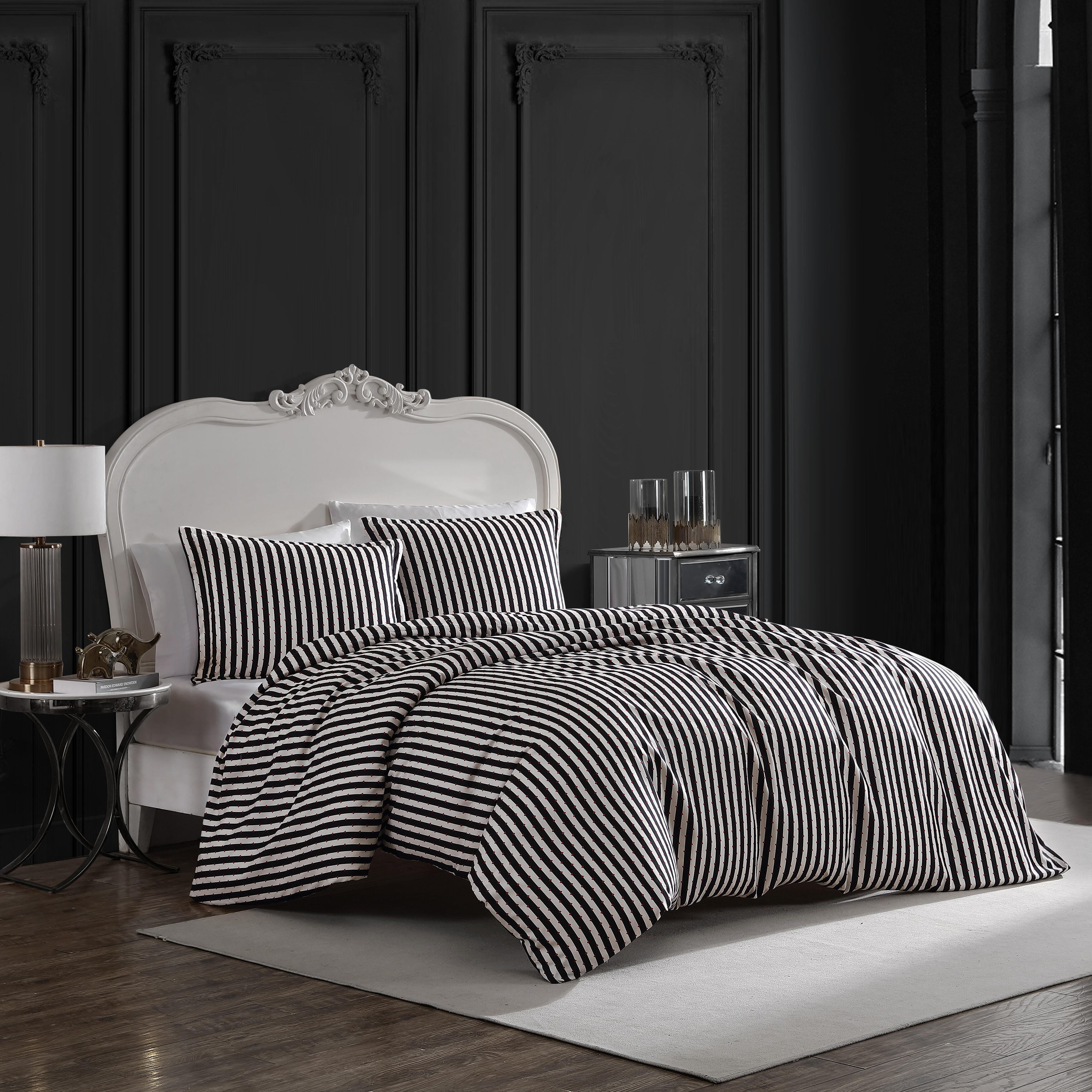 Betsey Johnson - King Duvet Cover, Soft Bedding Set with Matching Shams, Chic Home Decor (Wonderland Stripe Black, King)