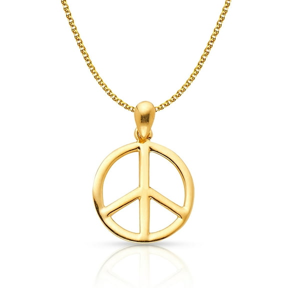 14K Yellow Gold Peace Sign Cubic Zirconia CZ Charm Pendant with 1.2mm Flat Open Wheat Chain Necklace