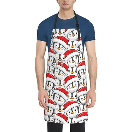 

Lukts Cute Christmas Hat Penguin Pattern Kitchen Cooking Aprons Adjustable Bib Soft Chef Apron with 2 Pockets for Men Women