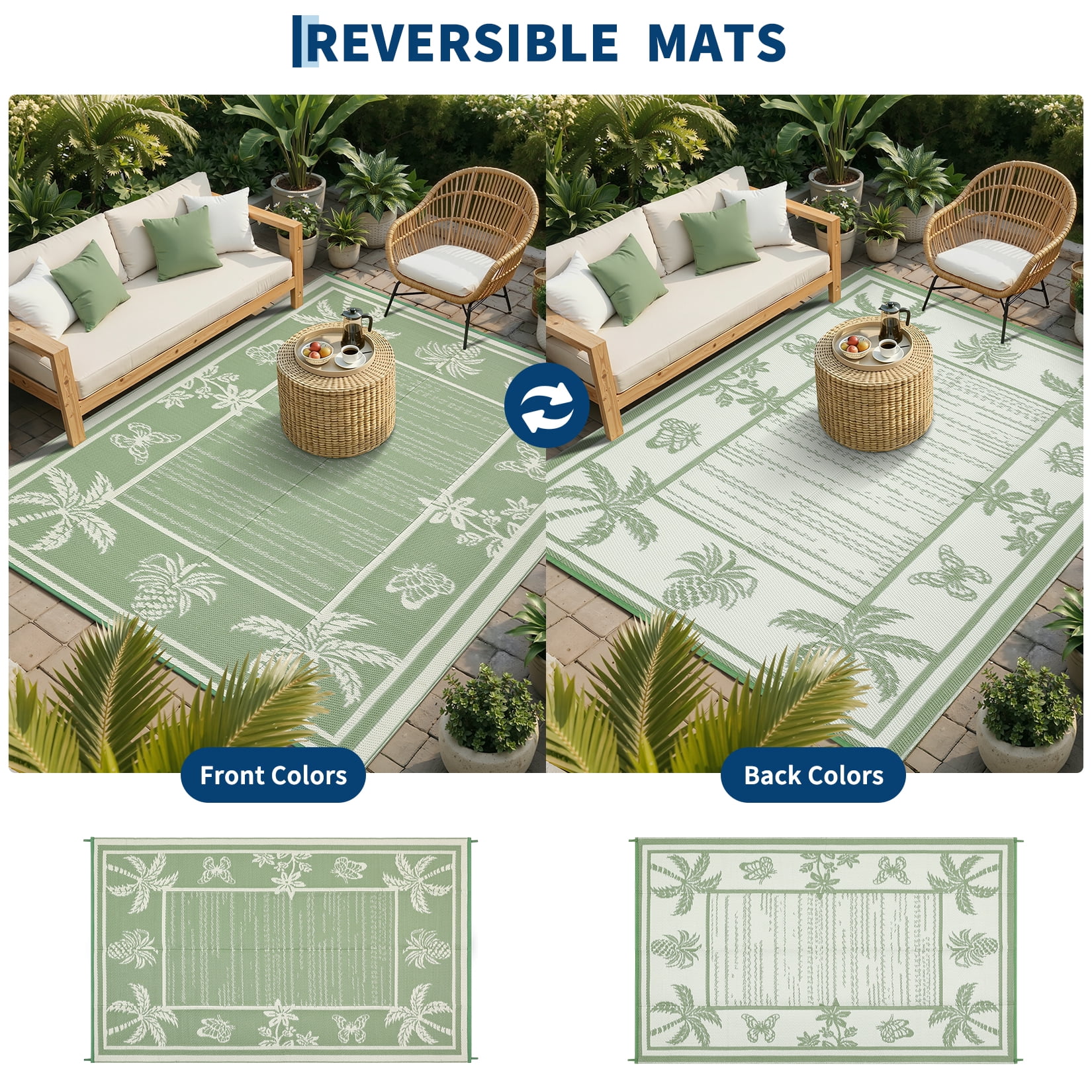 Garvee Outdoor Rug 9x12ft Waterproof Reversible Foldable Plastic Straw Rug, Tropical Leaf Border Outdoor Mat for Patio, Camping, RV, Deck, Porch, Balcony, Black Blue