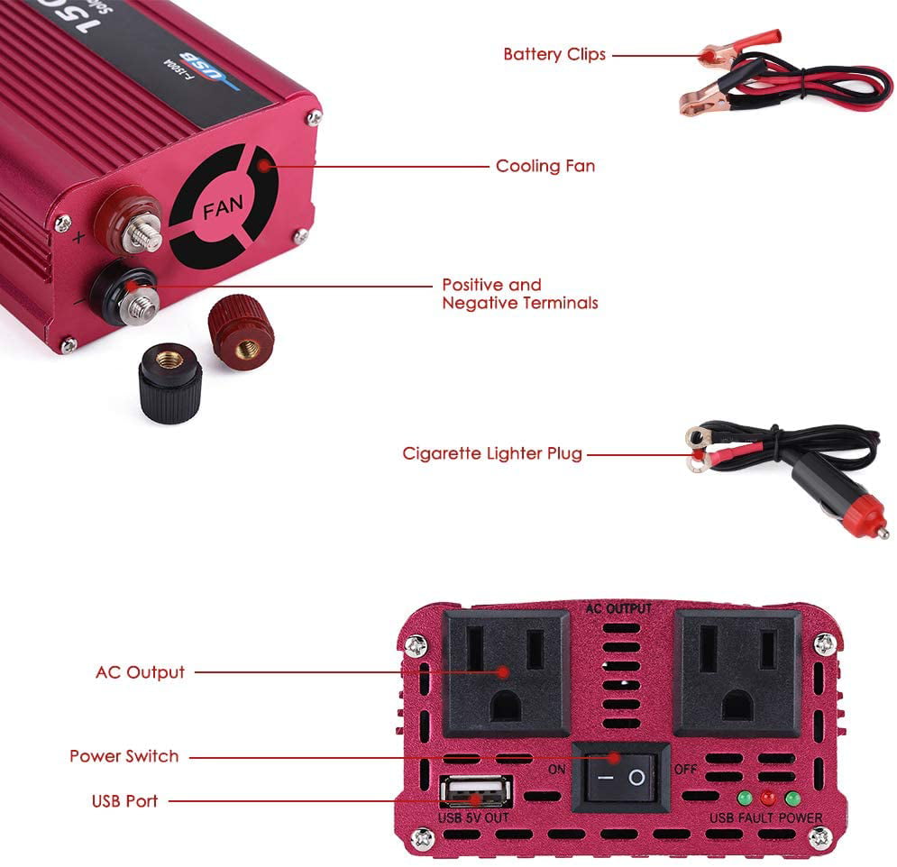Haofy 1500W DC 12V to 110V AC Converter Dual AC Outlets and USB Charging Adapter Car Power Inverter