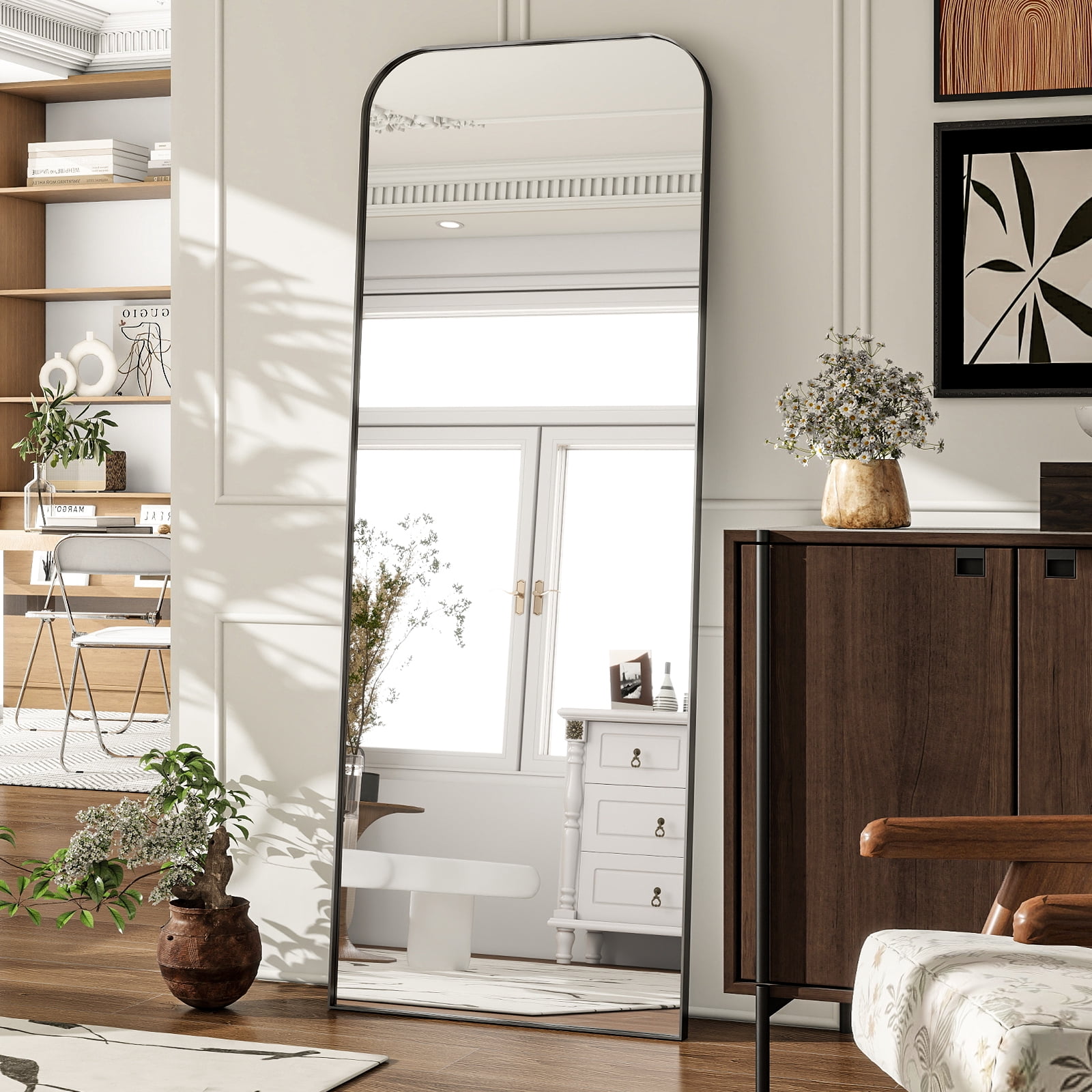 Mirstory 64"x21" Floor Mirror Arched Full Body Standing Mirror, Black