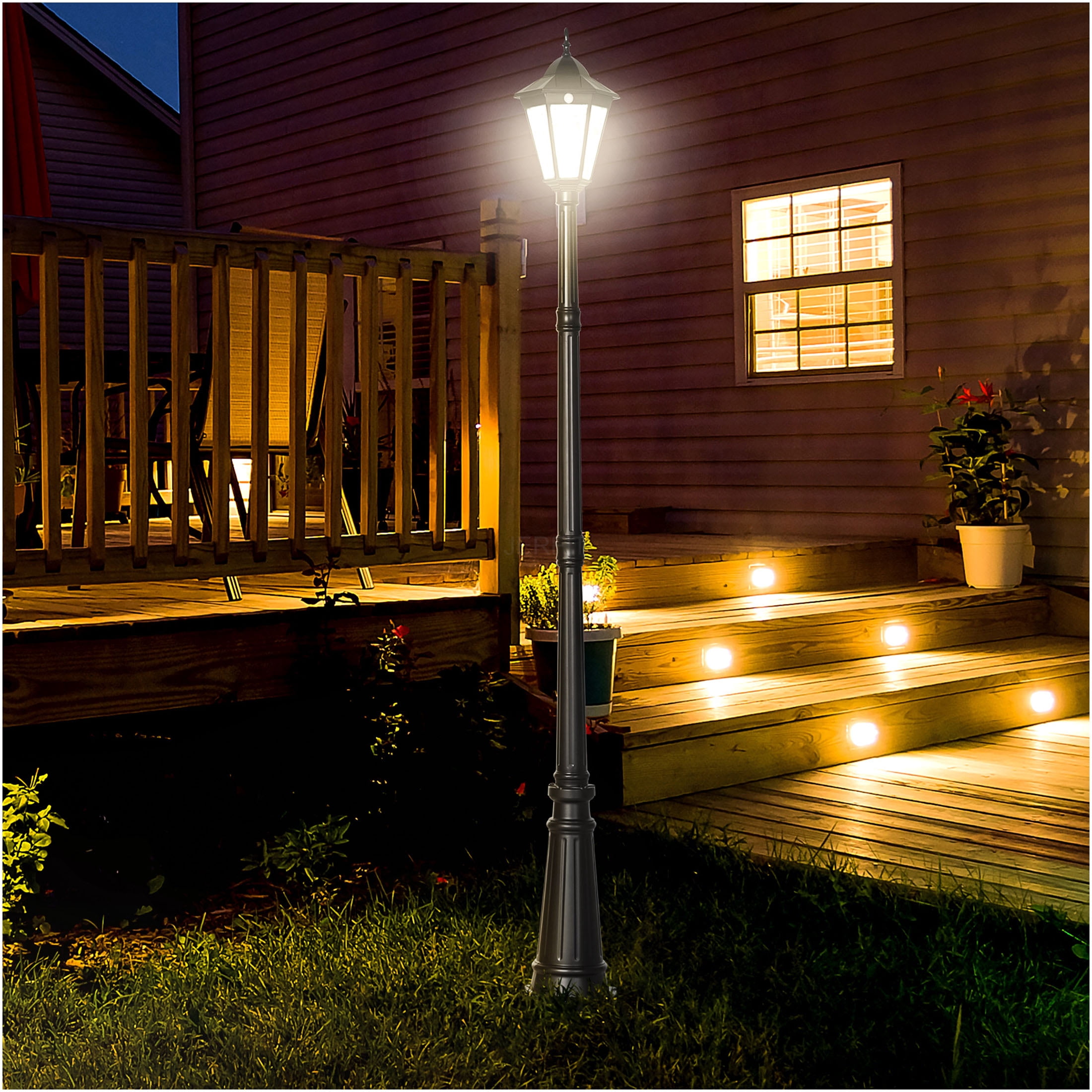 JERFIT Solar Powered Lamp Post Light with Motion Sensor, Dusk to Dawn Outdoor Street Light for Garden Lawn Pathway Driveway, Weatherproof Aluminum, Black