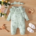 thumbnail image 3 of Newborn Baby Girls Clothes Baby Girls One Piece Romper Jumpsuit Long Sleeve Ruffle Collar Floral Jumpsuit Headband 2PCS Set Green 0-3 Months, 3 of 8