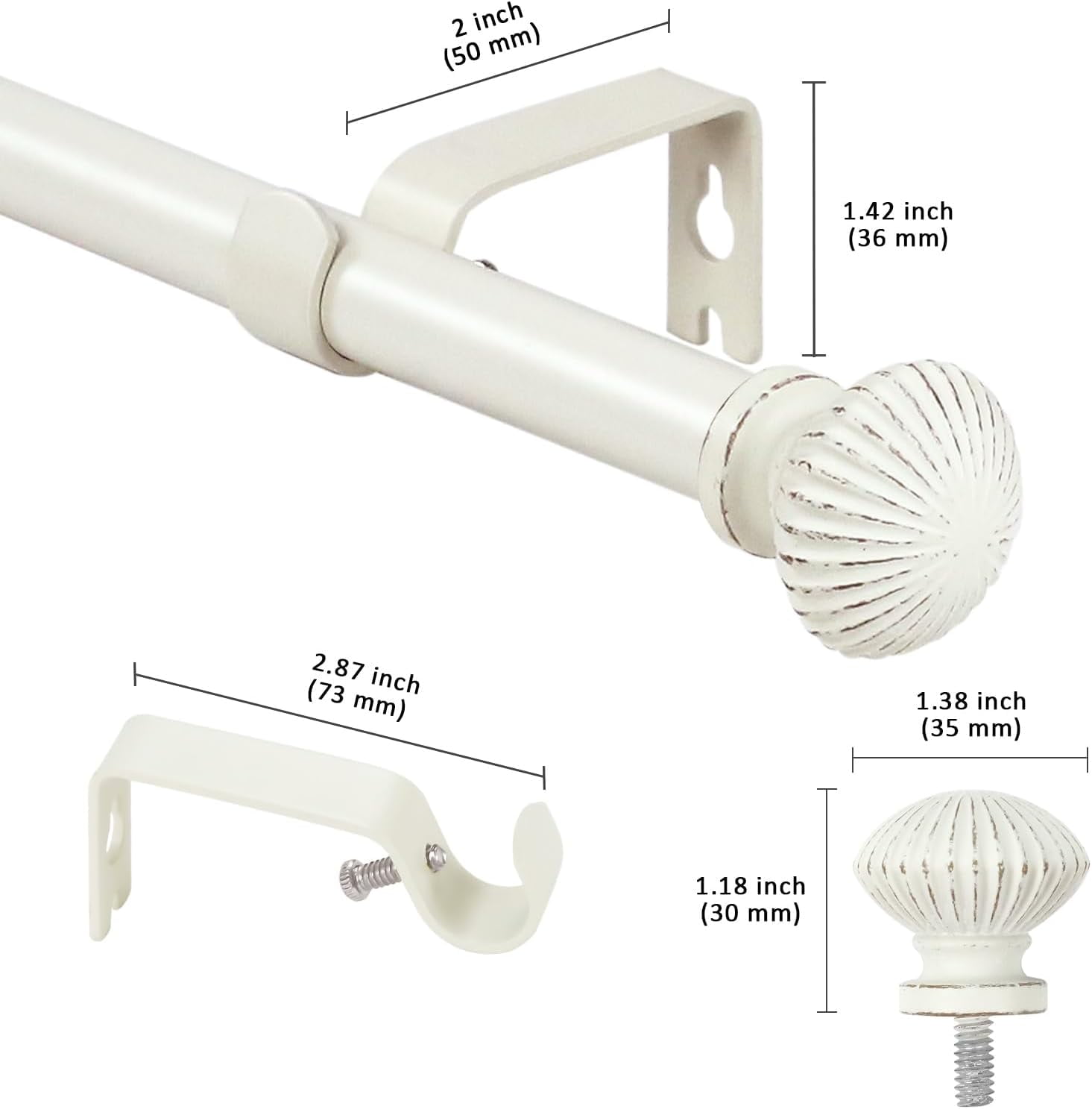 eTeckram 5/8" Single Curtain Rod with Bateau Finials,Weathered White,28‘’-48‘’