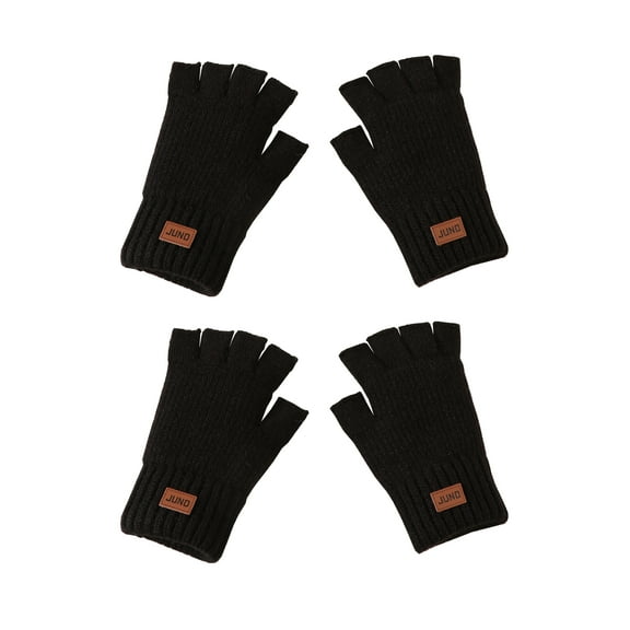 Women's Knitted Gloves Winter 2 Pairs Half-finger Gloves Warm Velvet Gloves One Size Black