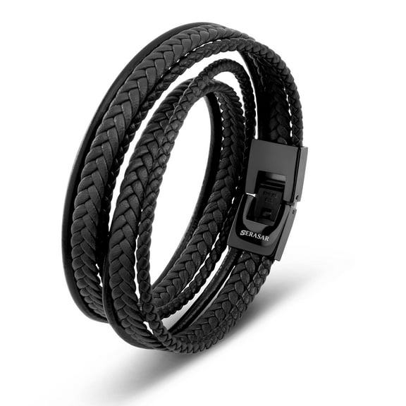 SERASAR Man's Premium Leather Bracelet "Wrap" Black 34cm, including gift box