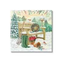 Stupell Industries Snowy Bench Seasonal Holly Plants Holiday Painting Gallery Wrapped Canvas Print Wall Art