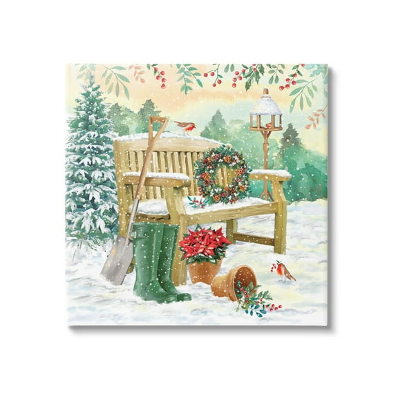Stupell Industries Snowy Bench Seasonal Holly Plants Holiday Painting Gallery Wrapped Canvas Print Wall Art