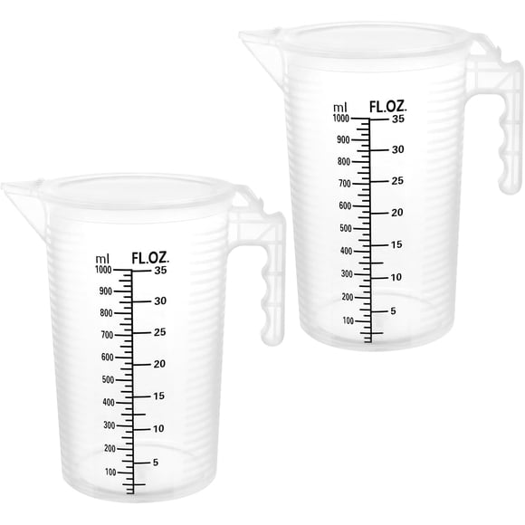 2 Pack 32oz (1 Quart) Measuring Pitcher - Plastic, Multipurpose, Polypropylene, with Clear Ounce & Milliliter Markings, Dustproof Lid, for Cooking, Home Hobbies, Shop Oil and Fluids