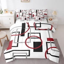 Manfei Pink Black Geometric Bedding Comforter Set 7-Piece, Square Rectangle Circle King Bedding Sets, Abstract Stripe Reversible Bed Sheets, Lightweight Room Decor
