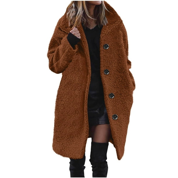 Abrigo informal de manga larga sin capucha y chaquetas para mujer, moda de invierno, color liso, bolsillos con botones, abrigo de felpa de manga larga, abrigo de poliéster para mujer