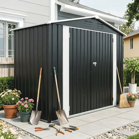 Leumius 8x4 FT Outdoor Metal Storage Shed with Lockable Latch for Backyard, Patio, Lawn Black