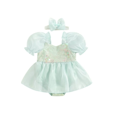 

Txlixc Baby Girls Rompers Dress Sequins Short Sleeve Organza Skirt Hem Infant Bodysuits Summer Clothes with Headband