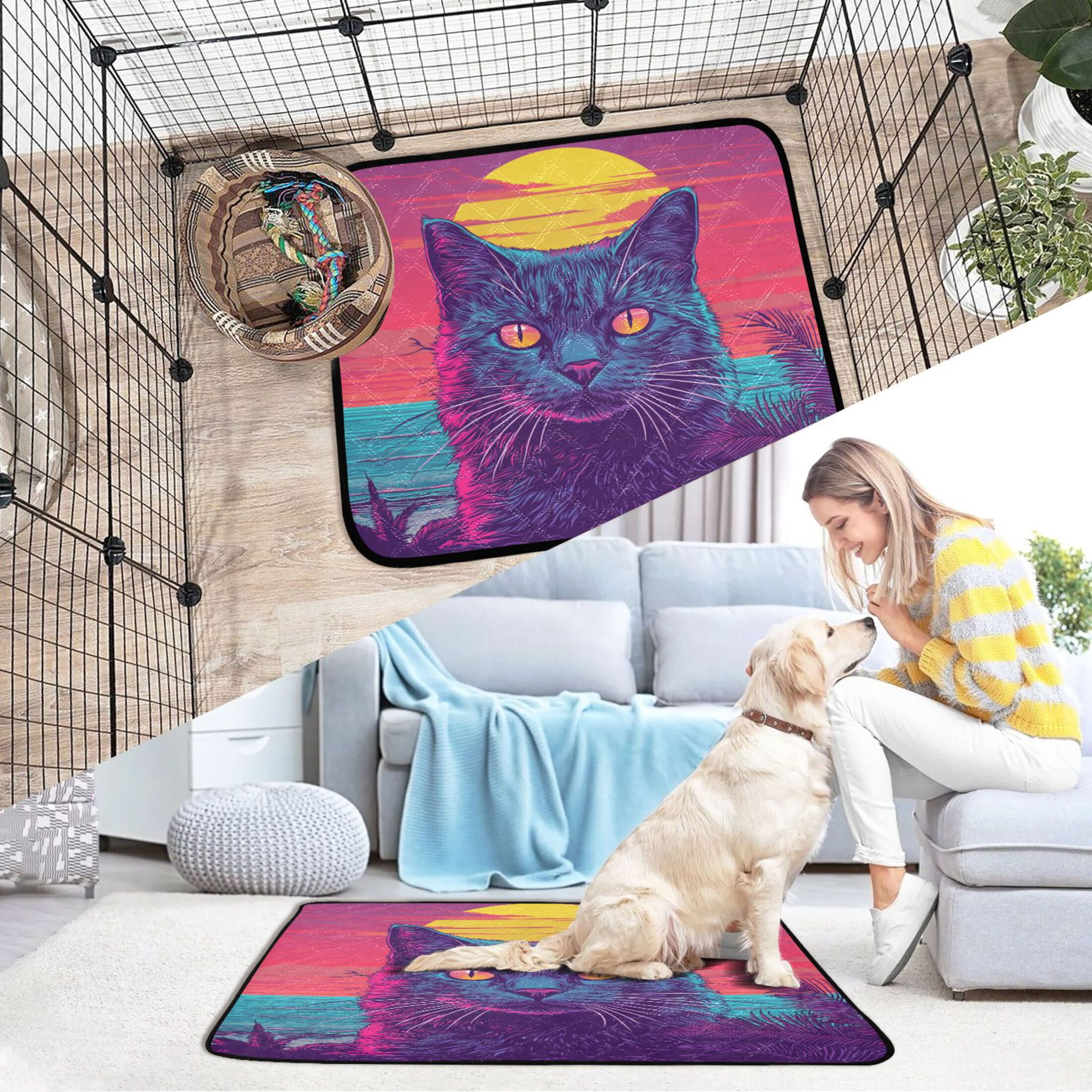 Qxltty Cat before Sunset Cat litter Pads Pet Set of 3 Diaper Mats Center Anti-leakage Layer Absorbent Soft and Comfortable